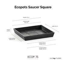 Quadratischer Ecopots Untersetzer mit Abmessungen: Höhe 2,5 Zentimeter, Länge 18 Zentimeter, Breite 18 Zentimeter, Gewicht 0,27 Kilogramm.