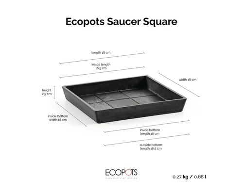 Quadratischer Ecopots Untersetzer mit Abmessungen: Höhe 2,5 Zentimeter, Länge 18 Zentimeter, Breite 18 Zentimeter, Gewicht 0,27 Kilogramm.