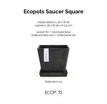Quadratischer Untersetzer von Ecopots für den Rotterdam 20 Pflanzkübel und Ecopots Logo.