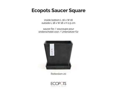 Quadratischer Untersetzer von Ecopots für den Rotterdam 20 Pflanzkübel und Ecopots Logo.