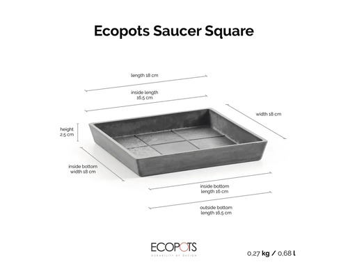 Quadratischer Ecopots Untersetzer Saucer Square mit den Maßen 18 mal 18 mal 2,5 Zentimeter.
