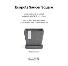 Quadratischer Ecopots Untersetzer für Rotterdam 20, innen 16 mal 16 Zentimeter, außen 18 mal 18 mal 2,5 Zentimeter, Kunststoff. Ecopots Logo.