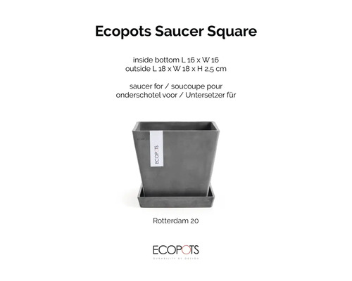 Quadratischer Ecopots Untersetzer für Rotterdam 20, innen 16 mal 16 Zentimeter, außen 18 mal 18 mal 2,5 Zentimeter, Kunststoff. Ecopots Logo.