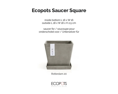 Ecopots Saucer Square quadratischer Untersetzer für Rotterdam 20 Blumentopf aus recyceltem Kunststoff 18 mal 18 mal 2,5 Zentimeter Ecopots Logo.