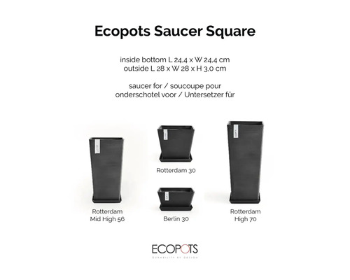 Ecopots Saucer Square, quadratischer Untersetzer für Pflanzgefäße Rotterdam und Berlin, Maße circa 28 mal 28 mal 3 Zentimeter. Ecopots Logo.