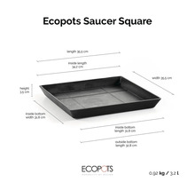 Quadratischer Untersetzer Ecopots Saucer Square, 35,5 mal 35,5 mal 3,5 Zentimeter, Volumen 3,2 Liter, Gewicht 0,92 Kilogramm.
