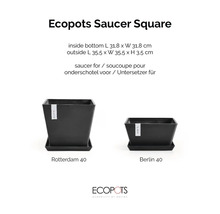 Schwarzer quadratischer Ecopots Untersetzer für Rotterdam 40 und Berlin 40, innen 31,8 mal 31,8 Zentimeter, außen 35,5 mal 35,5 mal 3,5 Zentimeter.