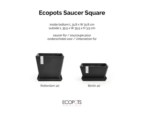 Schwarzer quadratischer Ecopots Untersetzer für Rotterdam 40 und Berlin 40, innen 31,8 mal 31,8 Zentimeter, außen 35,5 mal 35,5 mal 3,5 Zentimeter.