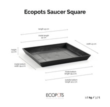 Quadratischer Untersetzer mit Maßen 43 mal 43 Zentimeter, Höhe 3,5 Zentimeter, Gewicht 1,6 Kilogramm, Volumen 3,7 Liter. Ecopots Logo.