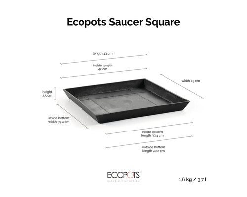 Quadratischer Untersetzer mit Maßen 43 mal 43 Zentimeter, Höhe 3,5 Zentimeter, Gewicht 1,6 Kilogramm, Volumen 3,7 Liter. Ecopots Logo.