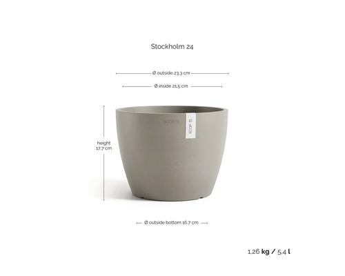 Ecopots Blumentopf Stockholm 24, Höhe 17,7 Zentimeter, Außendurchmesser 23,3 Zentimeter, 5,4 Liter, 1,26 Kilogramm, Ecopots Logo.