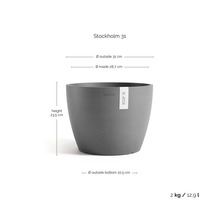 Ecopots Pflanztopf Stockholm 31, rund, grau, Durchmesser 31 Zentimeter, Höhe 23,5 Zentimeter, Gewicht 2 Kilogramm, Volumen 12,9 Liter.