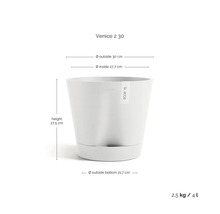 Ecopots Venice 2 30 Blumentopf: Höhe 27,5, Durchmesser oben 30, innen 27,7, unten 21,7 Zentimeter, Gewicht 2,5 Kilogramm, Volumen 4 Liter.