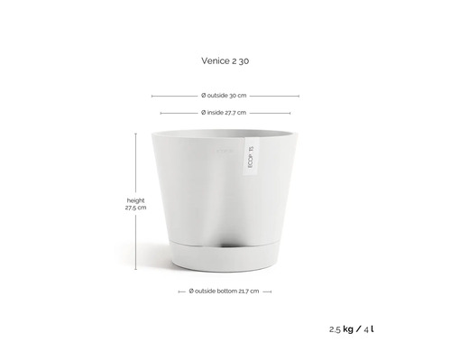 Ecopots Venice 2 30 Blumentopf: Höhe 27,5, Durchmesser oben 30, innen 27,7, unten 21,7 Zentimeter, Gewicht 2,5 Kilogramm, Volumen 4 Liter.
