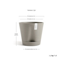 Ecopots Venice 2 Pflanzkübel mit Maßen: Höhe 27,5 Zentimeter, Außendurchmesser 30 Zentimeter, Innendurchmesser 27,7 Zentimeter, Volumen 4 Liter.