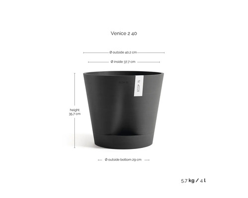 Ecopots Venice 2 40 Blumentopf mit Maßen: Höhe 35,7 Zentimeter, Außendurchmesser 40,2 Zentimeter, Innendurchmesser 37,7 Zentimeter, 4 Liter.
