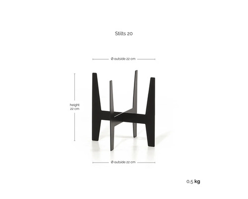 Pflanzenständer Stilts 20 aus Metall in Schwarz, Höhe 22 cm, Außendurchmesser 22 cm, Gewicht 0,5 kg.