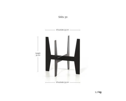 Schwarzer Pflanzenständer Stilts 30 aus Metall, Höhe 31 Zentimeter, Außendurchmesser 33 Zentimeter, Gewicht 1,2 Kilogramm.