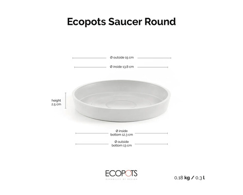 Runder Untersetzer Ecopots Saucer Round mit Maßen: Höhe 2,5 Zentimeter, Außendurchmesser 15 Zentimeter, Gewicht 0,18 Kilogramm, Ecopots Logo.