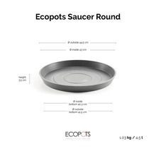 Ecopots Saucer Round Untersetzer: Außendurchmesser 44,5 Zentimeter, Innendurchmesser 43 Zentimeter, Höhe 3,5 Zentimeter, Ecopots Logo.
