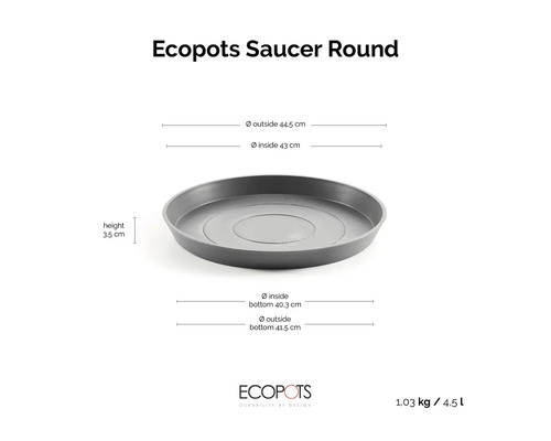 Ecopots Saucer Round Untersetzer: Außendurchmesser 44,5 Zentimeter, Innendurchmesser 43 Zentimeter, Höhe 3,5 Zentimeter, Ecopots Logo.
