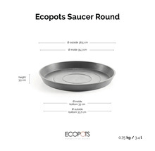 Ecopots runder Untersetzer mit Abmessungen: Außendurchmesser 36,5 Zentimeter, Innendurchmesser 35,3 Zentimeter, Höhe 3,5 Zentimeter.