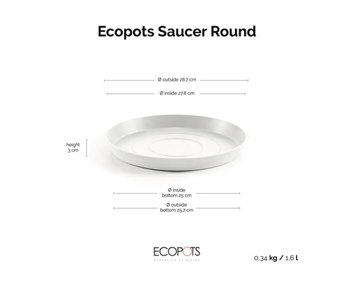 Ecopots Untersetzer rund Maße: Höhe 3 Zentimeter, Durchmesser oben außen 28,7 Zentimeter und innen 27,8 Zentimeter, Volumen 1,6 Liter.