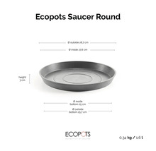 Ecopots Saucer Round Untersetzer rund, Höhe 3 Zentimeter, Außendurchmesser 28,7 Zentimeter, Innendurchmesser 27,8 Zentimeter.