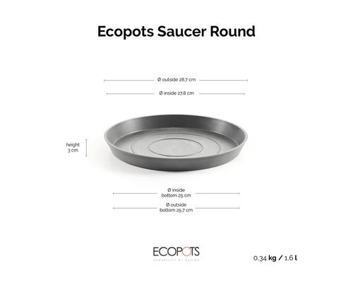 Ecopots Saucer Round Untersetzer rund, Höhe 3 Zentimeter, Außendurchmesser 28,7 Zentimeter, Innendurchmesser 27,8 Zentimeter.