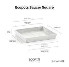Quadratischer Untersetzer von Ecopots für Pflanztöpfe mit Maßangaben 18 mal 18 mal 2,5 Zentimeter.