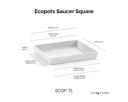 Quadratischer Untersetzer von Ecopots für Pflanztöpfe mit Maßangaben 18 mal 18 mal 2,5 Zentimeter.
