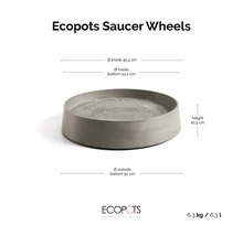 Ecopots Saucer Wheels Pflanzenuntersetzer, grau, Innendurchmesser oben 45,4 Zentimeter, unten 44,2 Zentimeter, außen 50 Zentimeter, Höhe 10,5 Zentimeter.