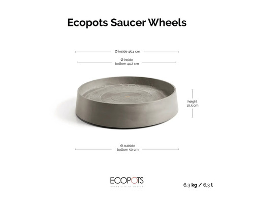 Ecopots Saucer Wheels Pflanzenuntersetzer, grau, Innendurchmesser oben 45,4 Zentimeter, unten 44,2 Zentimeter, außen 50 Zentimeter, Höhe 10,5 Zentimeter.
