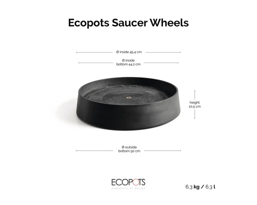 Ecopots Saucer Wheels Pflanzenuntersetzer mit Rollen, Durchmesser innen 45,4 Zentimeter, unten 50 Zentimeter, Höhe 10,5 Zentimeter.