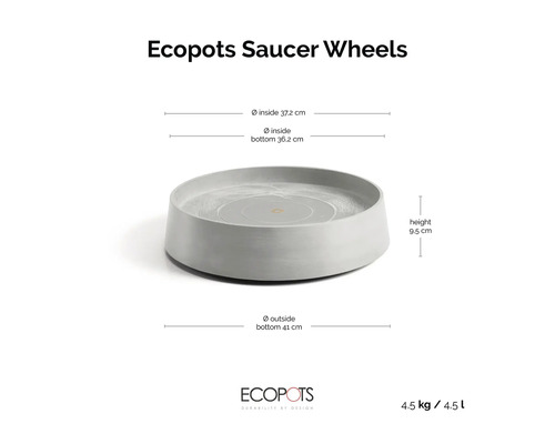 Ecopots Untersetzer Saucer Wheels: Innendurchmesser 37,2 Zentimeter, Höhe 9,5 Zentimeter, Außendurchmesser unten 41 Zentimeter. Ecopots Logo.