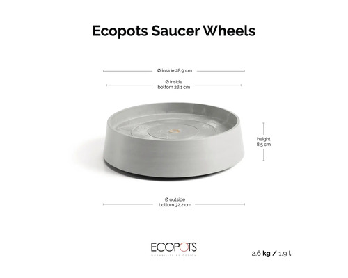 Ecopots Untersetzer auf Rollen: Durchmesser 28,9 Zentimeter, Höhe 8,5 Zentimeter, Gewicht 2,6 Kilogramm, Volumen 1,9 Liter, Ecopots Logo.