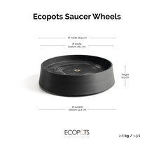 Schwarzer Ecopots Saucer Wheels Untersetzer: innen 28,9 Zentimeter, unten außen 32,2 Zentimeter, Höhe 8,5 Zentimeter, 2,6 Kilogramm, 1,9 Liter.