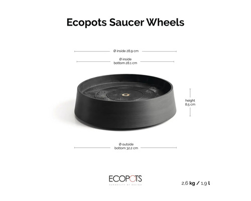 Schwarzer Ecopots Saucer Wheels Untersetzer: innen 28,9 Zentimeter, unten außen 32,2 Zentimeter, Höhe 8,5 Zentimeter, 2,6 Kilogramm, 1,9 Liter.