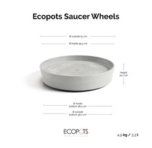 Ecopots Saucer Wheels Pflanzenuntersetzer auf Rollen: Außendurchmesser 51 Zentimeter, Höhe 10,1 Zentimeter, Gewicht 4,9 Kilogramm. Ecopots Logo.