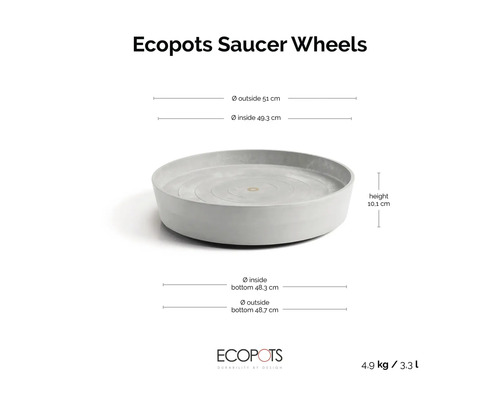 Ecopots Saucer Wheels Pflanzenuntersetzer auf Rollen: Außendurchmesser 51 Zentimeter, Höhe 10,1 Zentimeter, Gewicht 4,9 Kilogramm. Ecopots Logo.