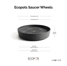 Schwarzer Ecopots Untersetzer auf Rollen mit Maßen: Außendurchmesser 51 Zentimeter, Innendurchmesser 49,3 Zentimeter, Höhe 10,1 Zentimeter.