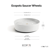 Ecopots Untersetzer auf Rollen mit Maßen: Außendurchmesser 28,7 Zentimeter, Innendurchmesser 27,7 Zentimeter, Höhe 8,3 Zentimeter.