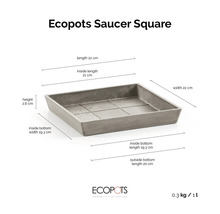 Quadratischer Ecopots Untersetzer: 22 Zentimeter Länge und Breite, 2,6 Zentimeter Höhe, 1 Liter Volumen, 0,3 Kilogramm Gewicht.
