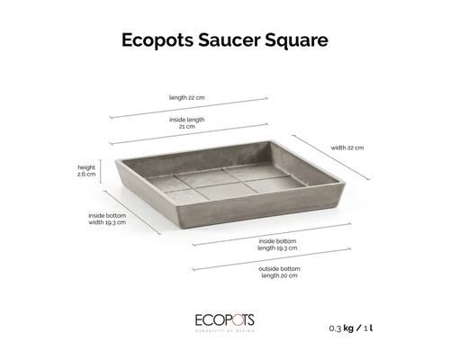 Quadratischer Ecopots Untersetzer: 22 Zentimeter Länge und Breite, 2,6 Zentimeter Höhe, 1 Liter Volumen, 0,3 Kilogramm Gewicht.