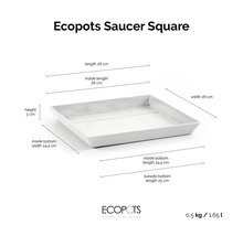 Quadratischer Untersetzer Ecopots Saucer Square mit Maßen: Länge und Breite 28 Zentimeter, Höhe 3 Zentimeter, Innenlänge 26 Zentimeter.