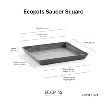 Quadratischer Untersetzer Ecopots Saucer mit Maßen: Länge und Breite 35,5 Zentimeter, Höhe 3,5 Zentimeter, Gewicht 0,92 Kilogramm, 3,2 Liter Inhalt.