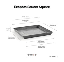 Ecopots Saucer Square Untersetzer: 43 mal 43 Zentimeter, Höhe 3,5 Zentimeter, Gewicht 1,6 Kilogramm, Volumen 3,7 Liter. Ecopots Logo.