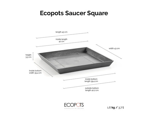 Ecopots Saucer Square Untersetzer: 43 mal 43 Zentimeter, Höhe 3,5 Zentimeter, Gewicht 1,6 Kilogramm, Volumen 3,7 Liter. Ecopots Logo.