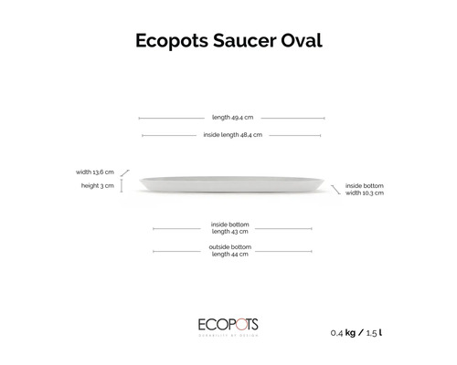Ecopots Untersetzer Oval mit Maßangaben: Länge 49,4 Zentimeter, Breite 13,6 Zentimeter, Höhe 3 Zentimeter, Volumen 1,5 Liter. Ecopots Logo.