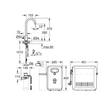 Maßzeichnung eines Wasserhahn- und Durchlauferhitzersystems mit allen Maßen